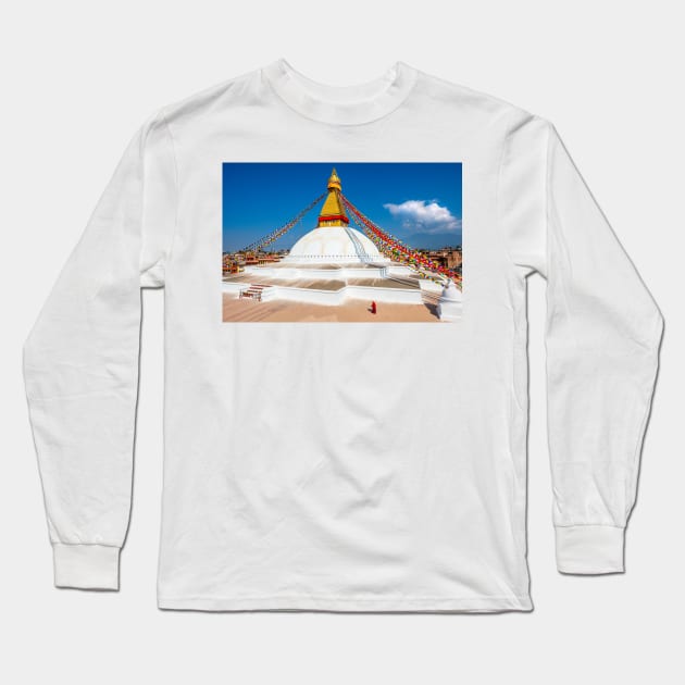 Buddhist monk at Bhoudhanath Long Sleeve T-Shirt by geoffshoults